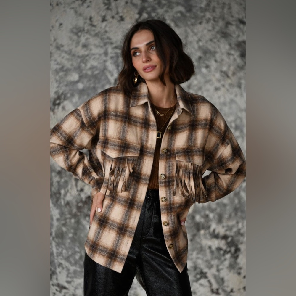 NWT Hem & Thread THE {ELWOOD} FRINGE TOP Checked fringe detail half zip pullover
